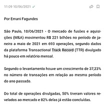 TTR: Mercado brasileiro de fuses e aquisies movimenta R$ 221 bilhes at maio